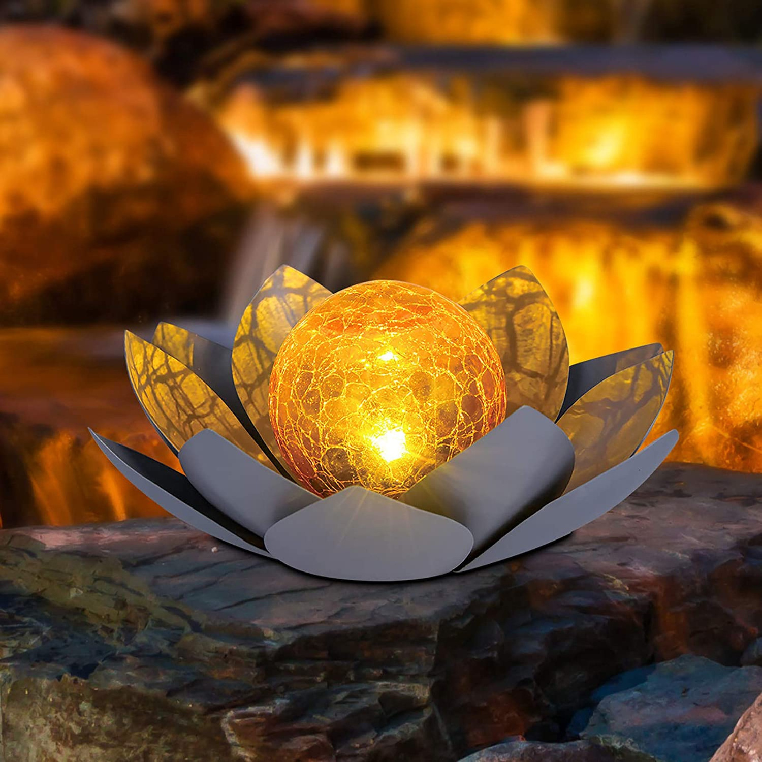 Newish Outdoor Pathway Glass Ball  Metal Lotus Solar Waterproof Garden Decoration Lights