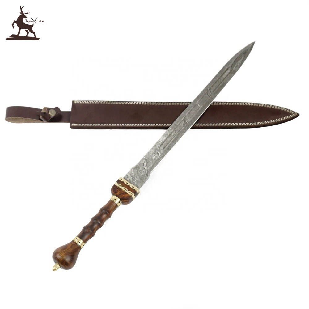 Wholesale Damascus steel sword rose wood & brass handle with leather sheath best for gift