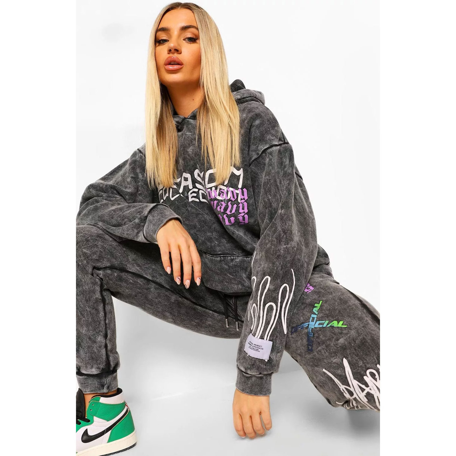 High Quality Heavy weight Acid Wash Tracksuit Vintage Hoodie and Sweatpants Set Custom Design Unisex Acid Washed Sweat Suit