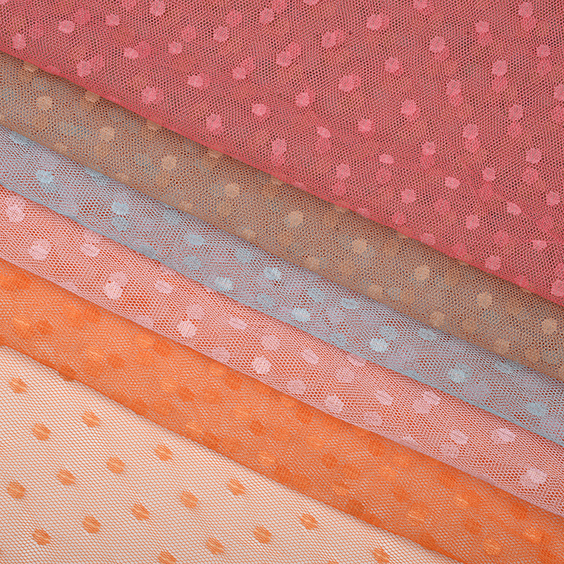 100% polyester high quality swiss polka dot flocking pattern printed tulle mesh fabric for dress