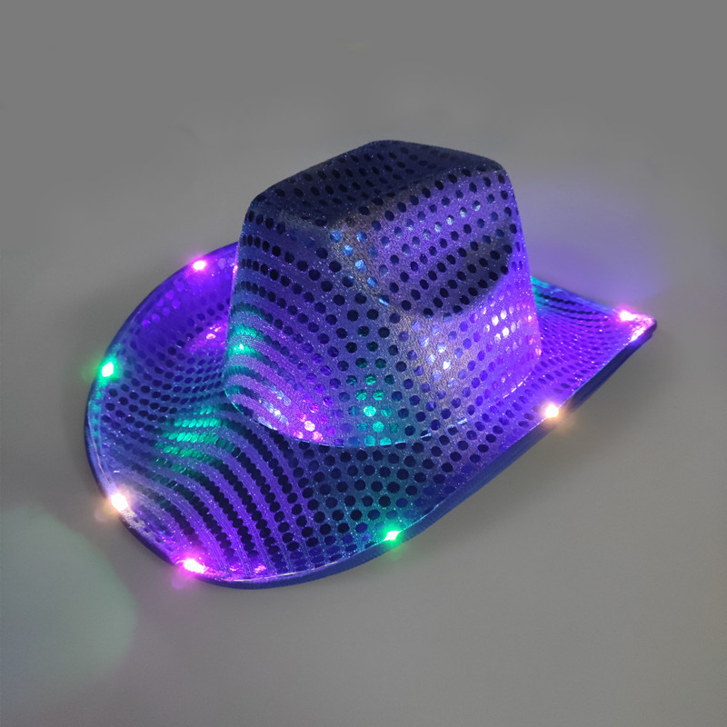 Hot Sale Wedding Party Supplier Colorful Led light Up Cowboy Hat Silver Sequin Pink Cowgirl Hats for Party Decoration