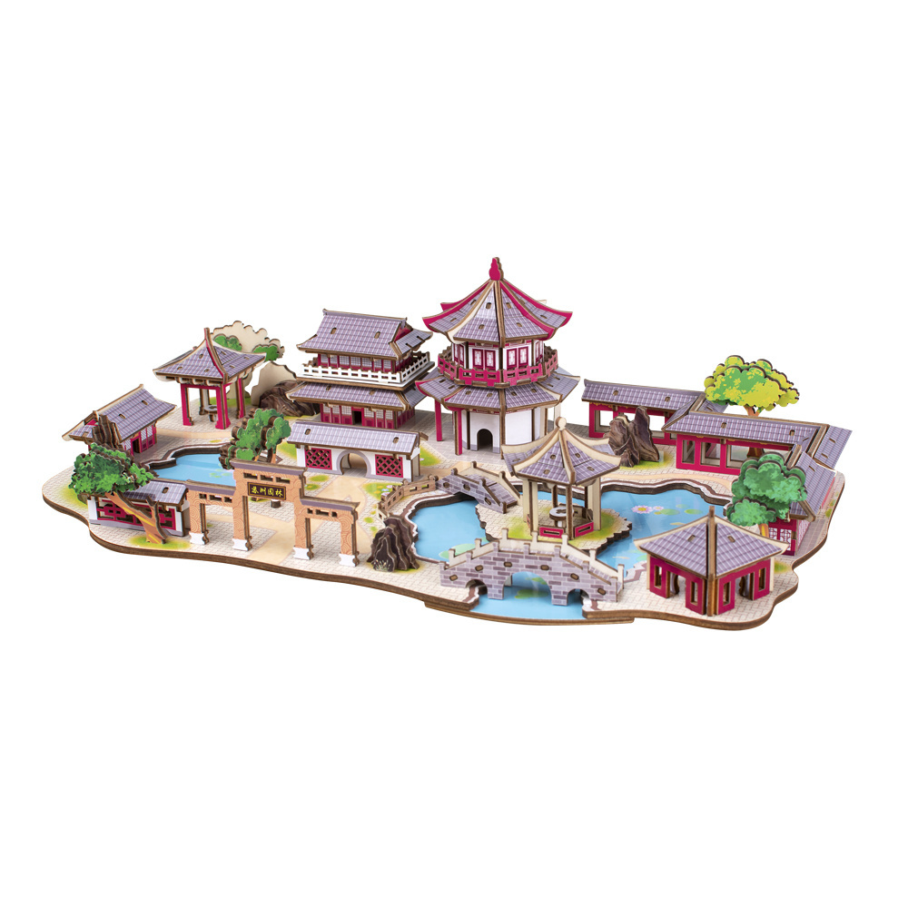 Hand-assembled Chinese building Suzhou traditional garden Mechanical 3D Car Wooden Toys 3D Puzzle