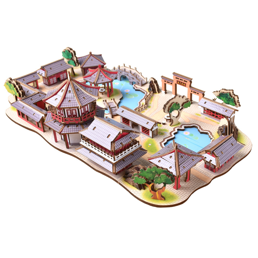 Hand-assembled Chinese building Suzhou traditional garden Mechanical 3D Car Wooden Toys 3D Puzzle