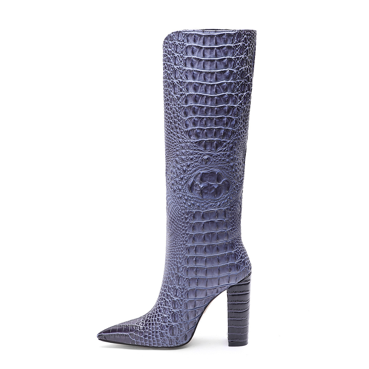 Women Pointy Toe Block Heels Crocodile Shoes Wide Calf High Knee Winter Female Boots