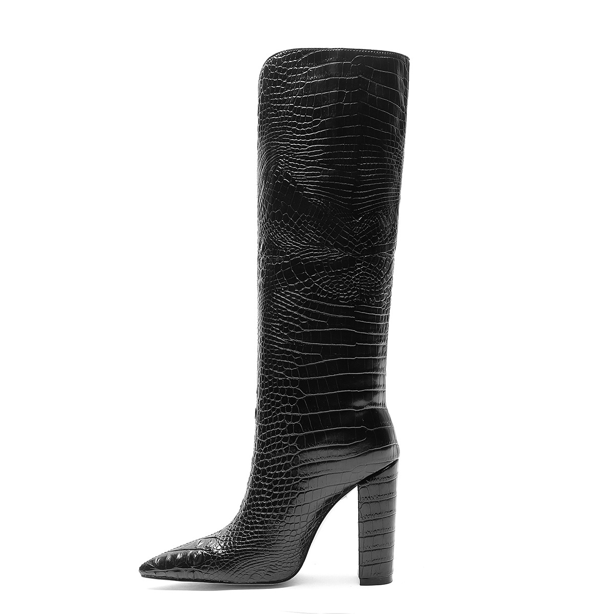 Women Pointy Toe Block Heels Crocodile Shoes Wide Calf High Knee Winter Female Boots