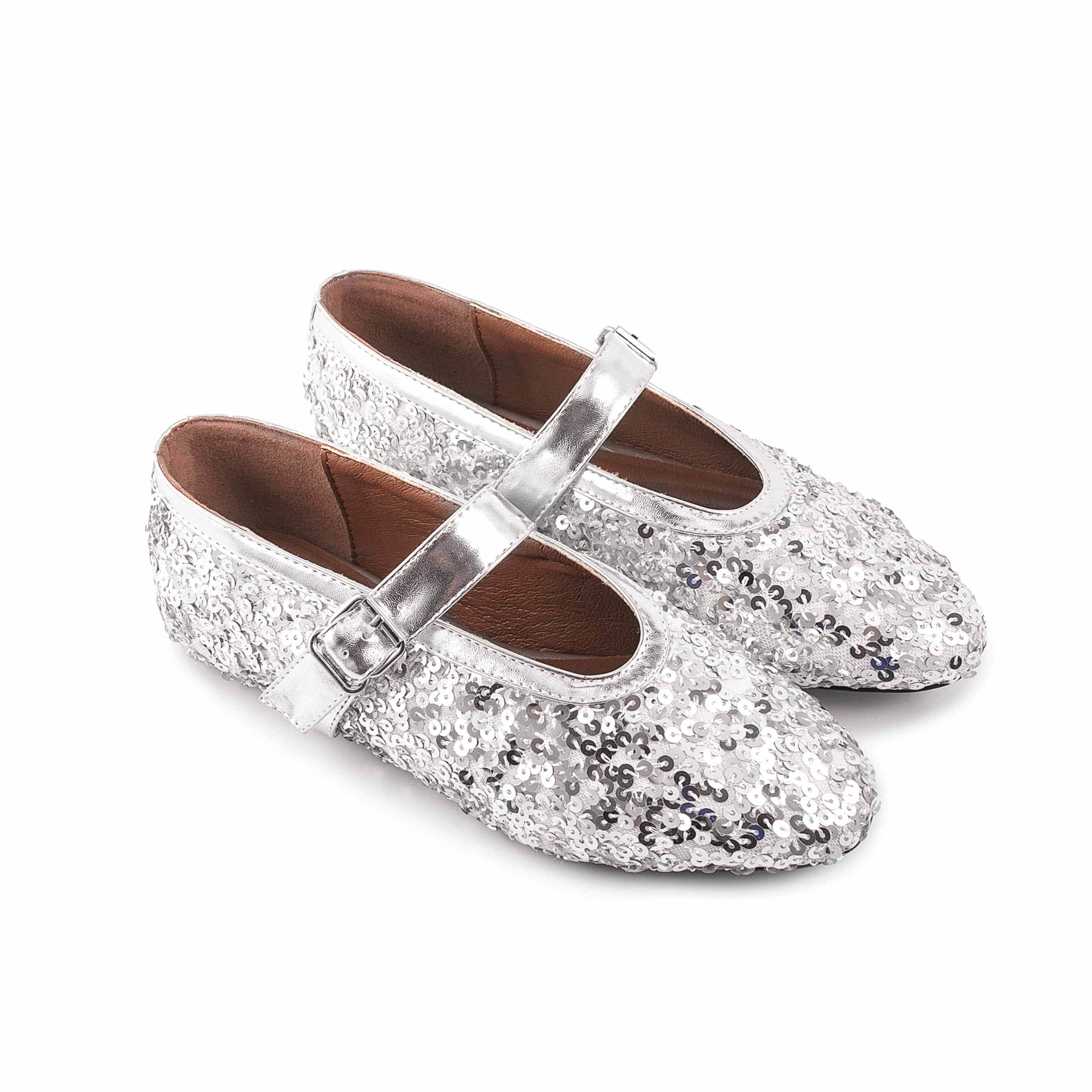 Showy Silver Sequin Buckle Strap Girls Doll Shoes Round Toe Soft Big Size 2024 Women Flat Mary Jane Shoes For Spring Summer