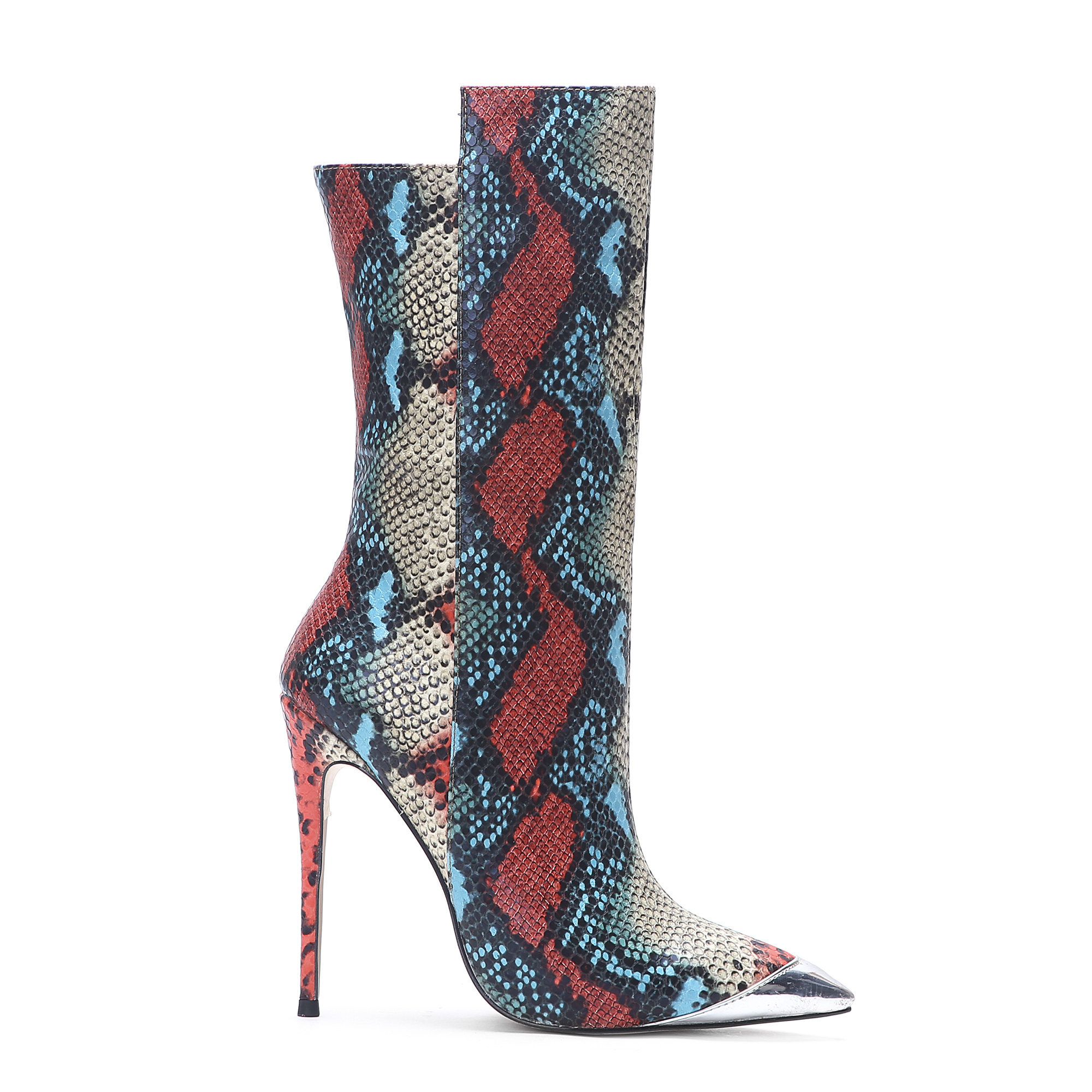 Sexy Ladies High Heels Wide Calf Boots Pointed Toe Colorful Snake Skin Women Boots For Winter