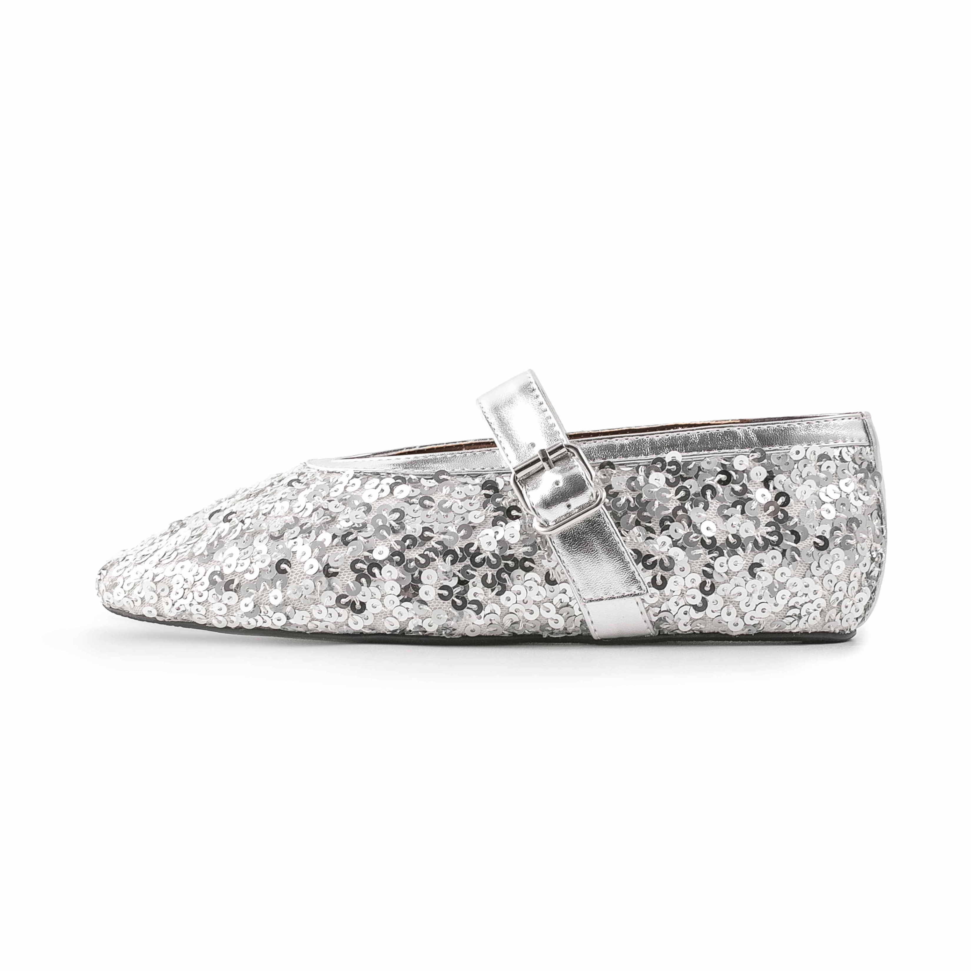 Showy Silver Sequin Buckle Strap Girls Doll Shoes Round Toe Soft Big Size 2024 Women Flat Mary Jane Shoes For Spring Summer