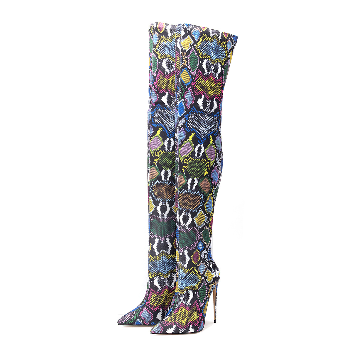 Custom Ladies Sexy Pointy Toe High Heels Snake Skin Stretchy Women Over Knee Thigh High Boots