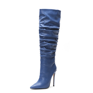 Fashion Sexy Ladies 12cm High Heels Slouch Long Boots Soft Ruched Knee High Women Boots