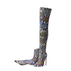 Custom Ladies Sexy Pointy Toe High Heels Snake Skin Stretchy Women Over Knee Thigh High Boots