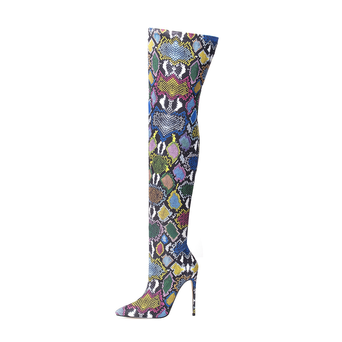 Custom Ladies Sexy Pointy Toe High Heels Snake Skin Stretchy Women Over Knee Thigh High Boots