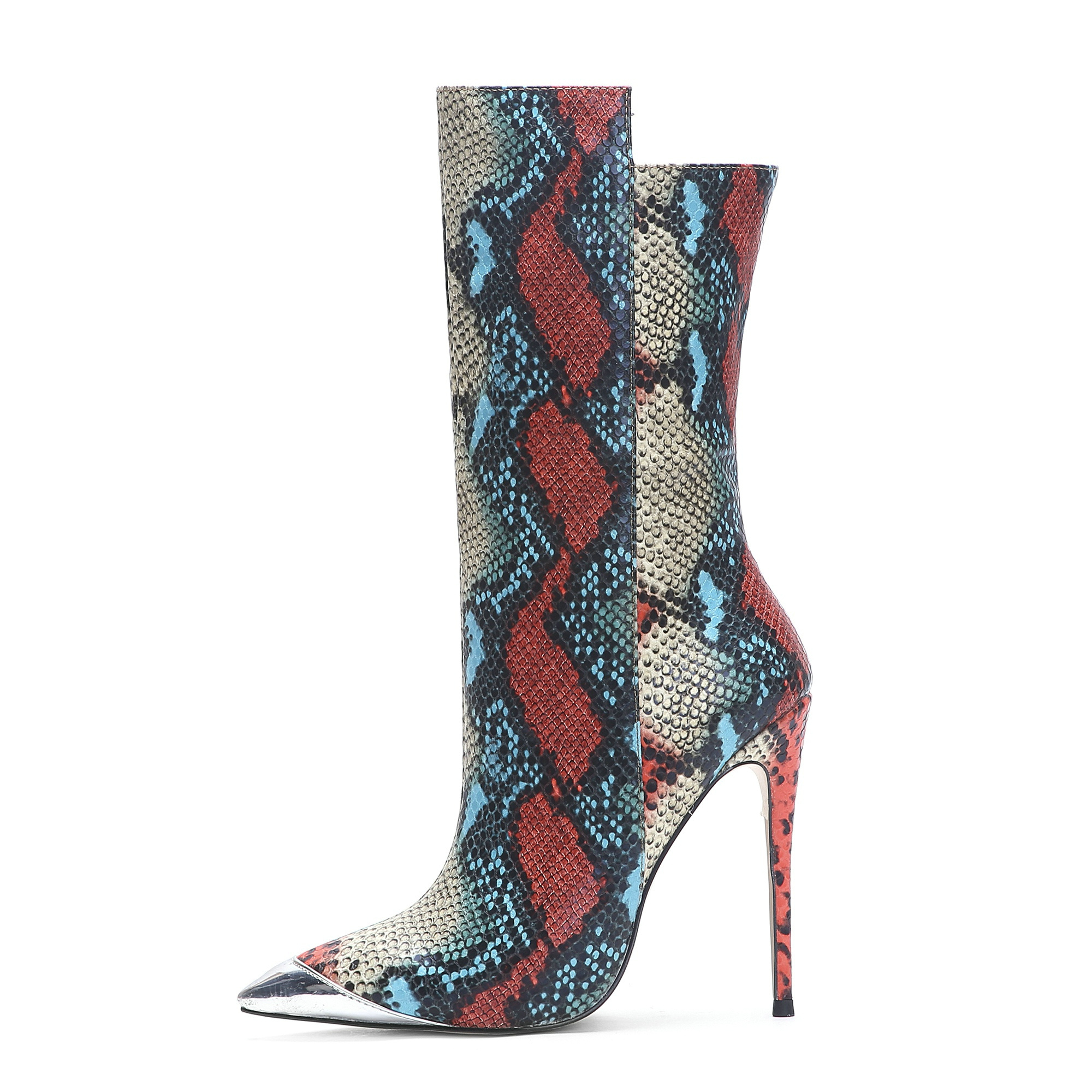 Sexy Ladies High Heels Wide Calf Boots Pointed Toe Colorful Snake Skin Women Boots For Winter