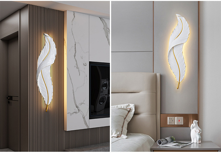 Modern luxury feather decorative painting LED lamp living room backdrop wall hanging art wall light