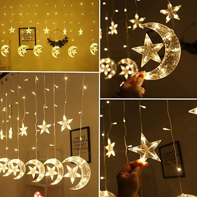 LED Star Moon Curtain Decorative Lights, Window Curtain Fairy String Lights, Remote Control & USB PlugLighting