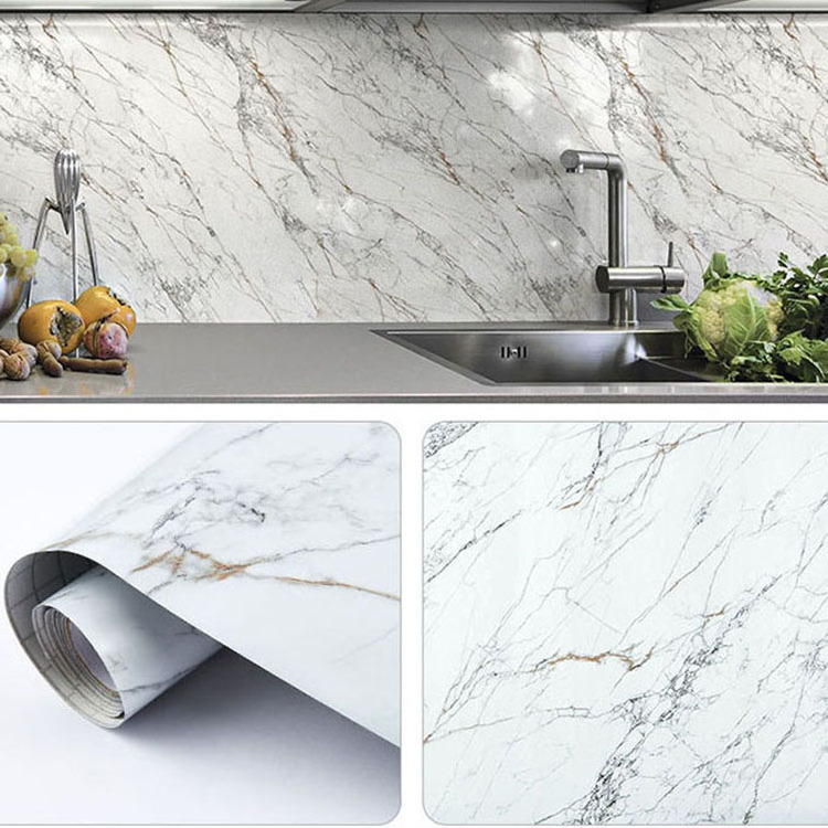 Factory price white marble wallpaper stickers kitchen cabinet waterproof peel and stick wallpaper