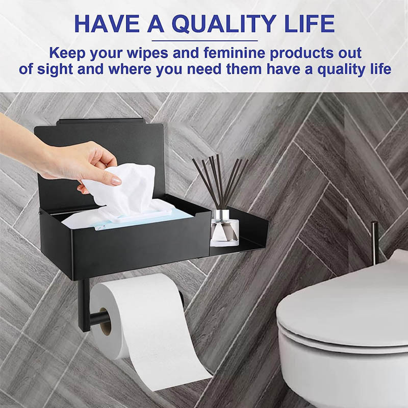 Wall-hanging Stainless Steel Black Paper Holder Bathroom Tissue Holder W Shell Waterproof Wall-mounted Metal Toilet Tissue Box