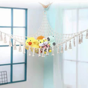 Macrame Toy Hammock - for Stuffed Animals and Plush Toys, Soft Net Storage with Wooden Photo Clips, Soft Corner Hanging Netting