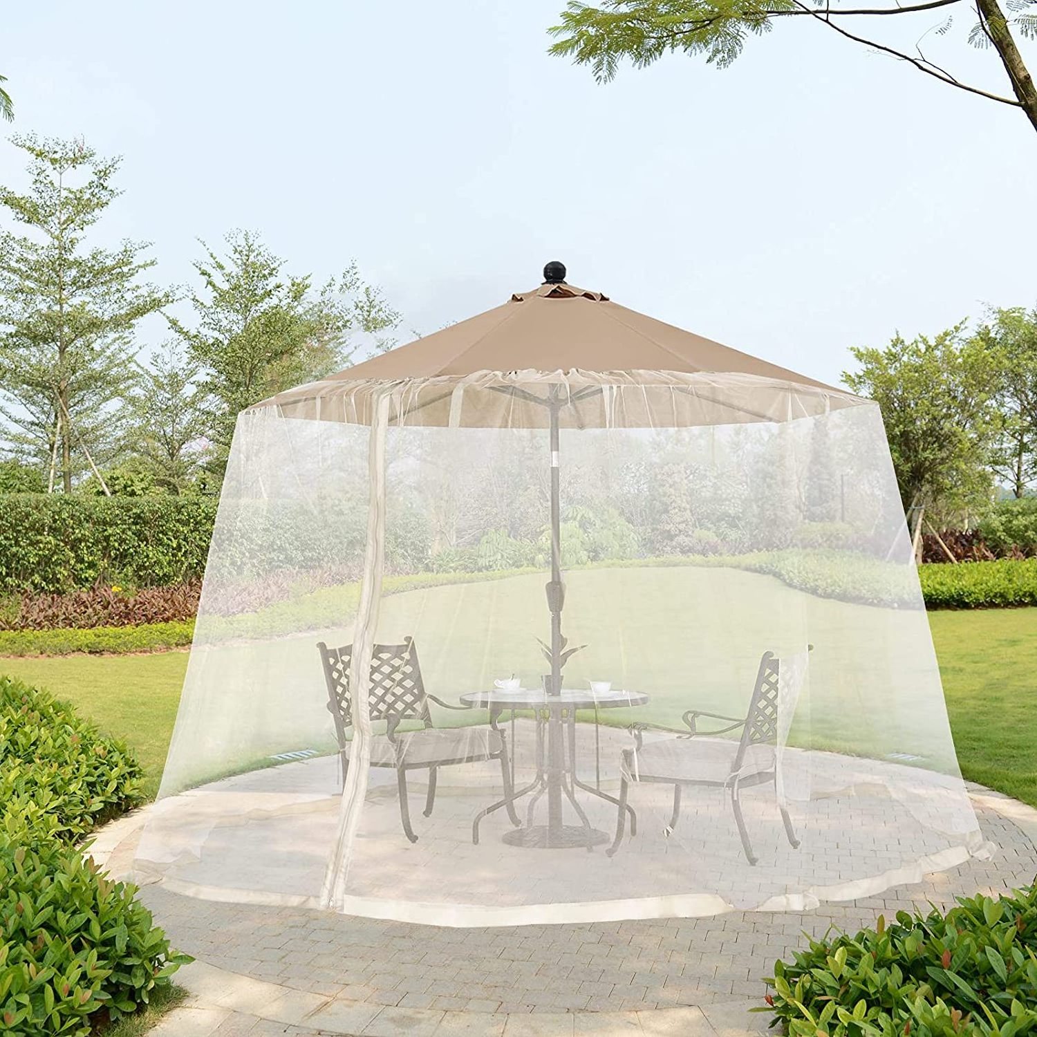 Outdoor 9FT-11FT Patio Table Umbrella Netting Polyester Screen Mesh Universal Canopy Umbrella Net with Zipper Door and Weight