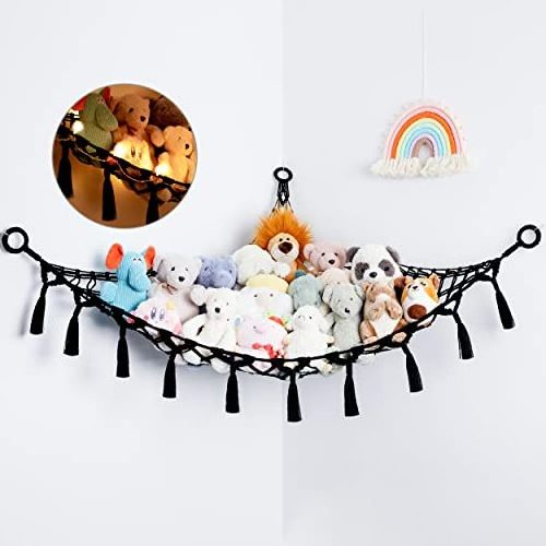 Stuffed Animal Net or Hammock with Light,Hammock for Stuffed Animal Toy Storage Organizer Boho Decor Room Holder for Nursery Pla