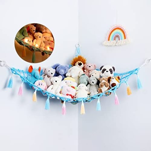 Stuffed Animal Net or Hammock with Light,Hammock for Stuffed Animal Toy Storage Organizer Boho Decor Room Holder for Nursery Pla