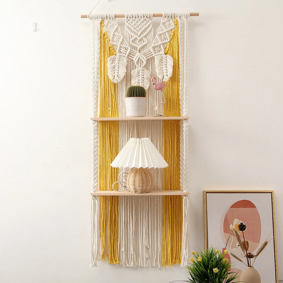 Rustic Wood Wall Shelves with Handmade Woven Macrame Hanger Home Decor Hanging Shelves