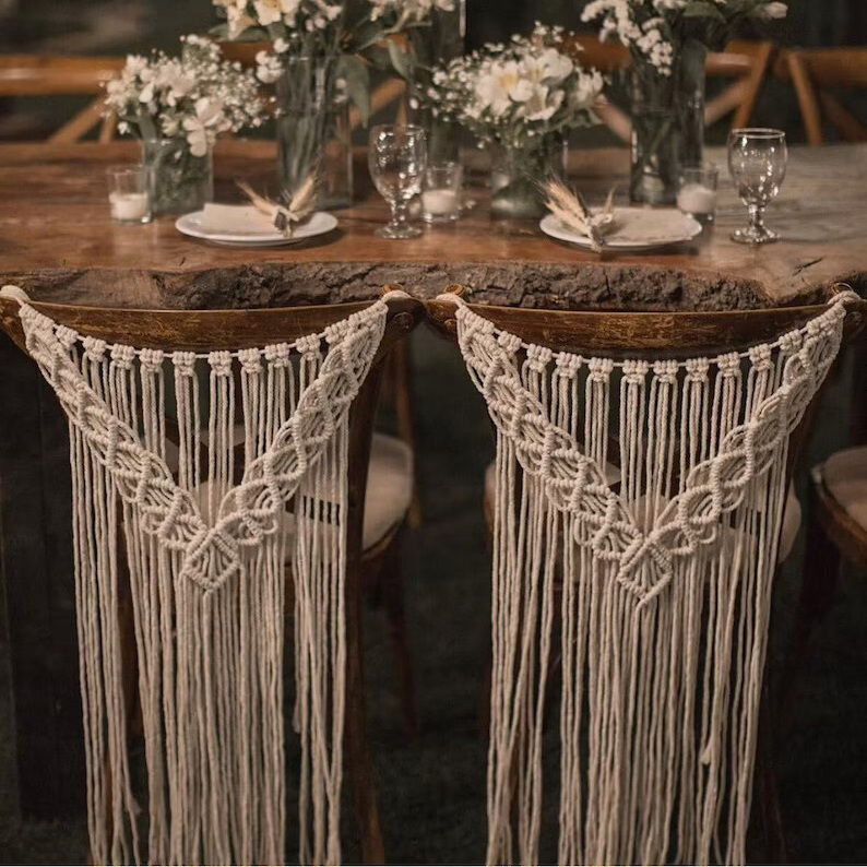 Customize Boho Cotton Handmade Backdrop Decor 2 Pieces Set Macrame Chair Cover Wedding