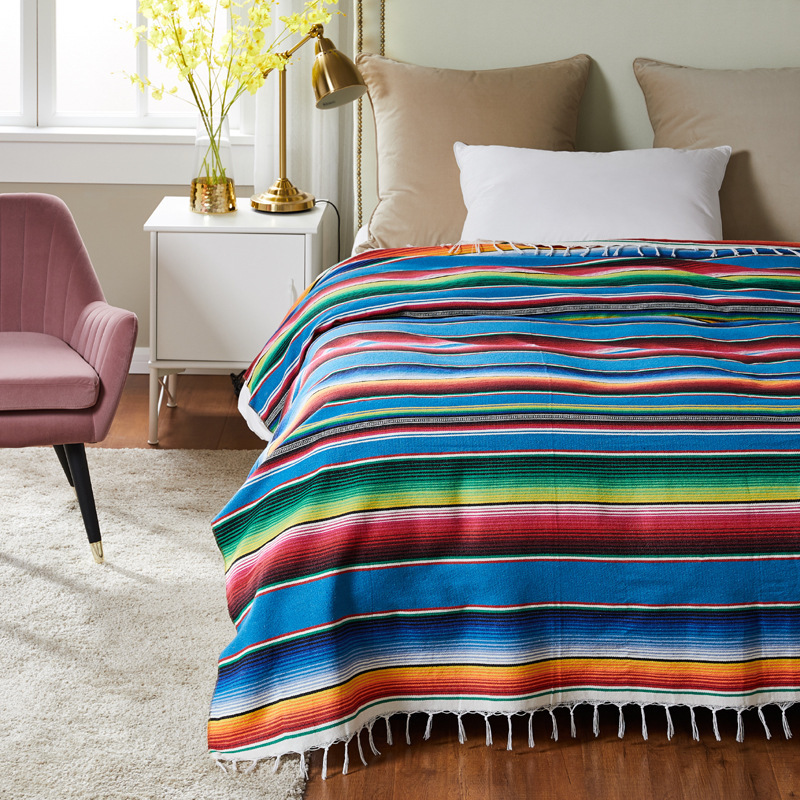 Mexican Serape Blanket with Tassel Bright Colorful Stripe Rainbow Throw Blanket Yoga Beach Blanket Tablecloth Sofa Cover