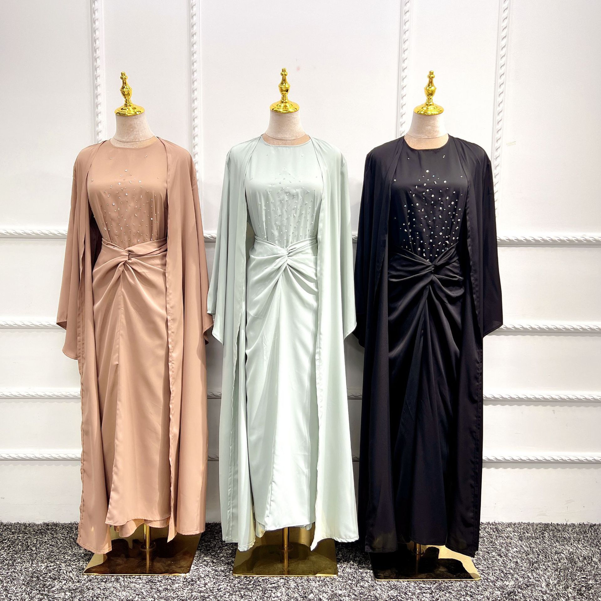 Beads Embellished 3pcs Abaya With Inner Dres Hand-Make Diamond 3PCS Set Abaya