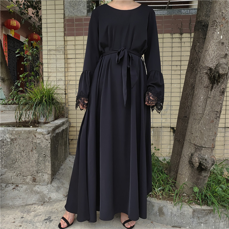 Abaya With Cuff Lace Black Umbrella Close Abaya Simple Plain Black Dress Muslim Women Long Dress