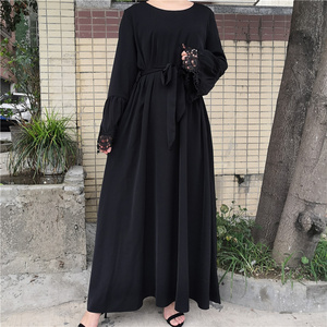 Abaya With Cuff Lace Black Umbrella Close Abaya Simple Plain Black Dress Muslim Women Long Dress