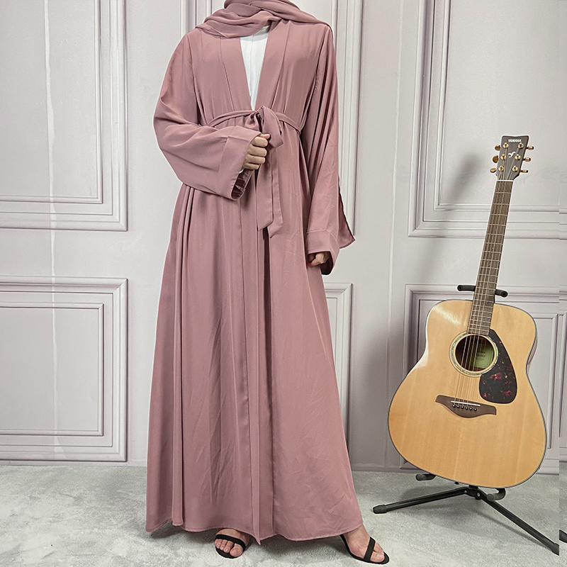 2021 Summer Women Muslim Dress Daily Wear Abaya With Belt Thick Chiffon Solid Color Open Abaya With Hijab