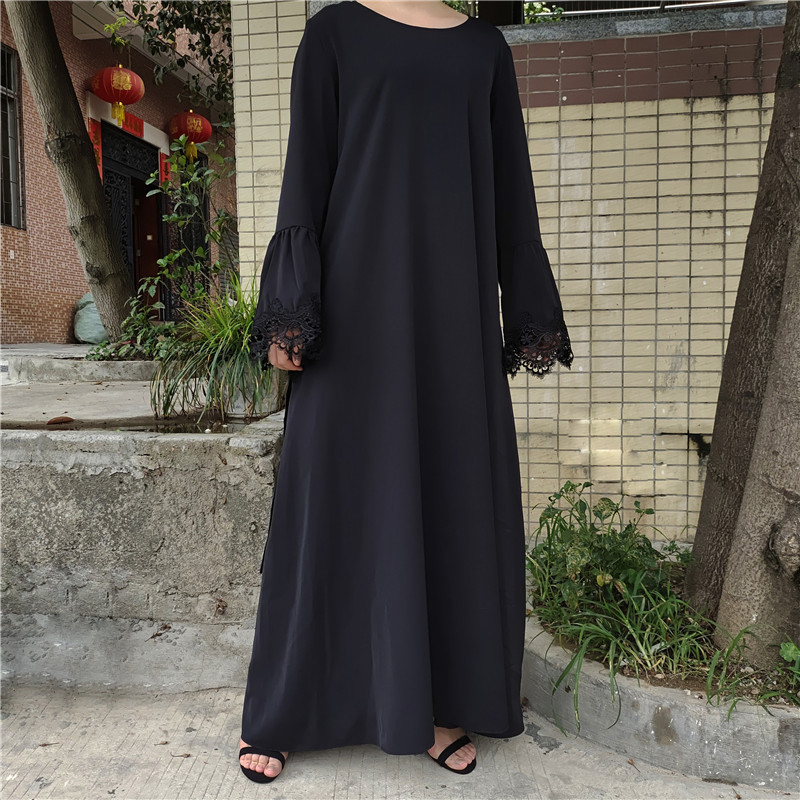 Abaya With Cuff Lace Black Umbrella Close Abaya Simple Plain Black Dress Muslim Women Long Dress