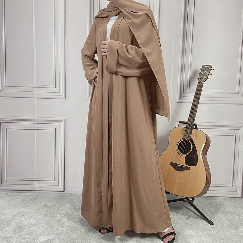 2021 Summer Women Muslim Dress Daily Wear Abaya With Belt Thick Chiffon Solid Color Open Abaya With Hijab