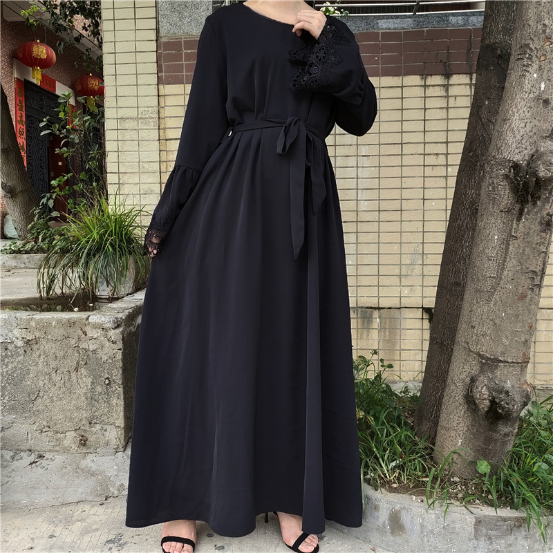 Abaya With Cuff Lace Black Umbrella Close Abaya Simple Plain Black Dress Muslim Women Long Dress