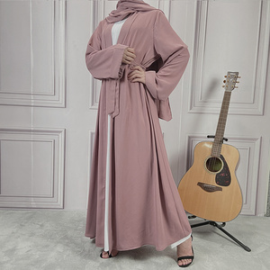 2021 Summer Women Muslim Dress Daily Wear Abaya With Belt Thick Chiffon Solid Color Open Abaya With Hijab