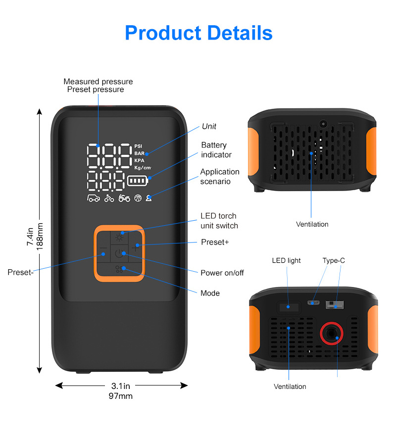 12000mAh portable tyre inflator double cylinder high pressure air compressor for car truck tires