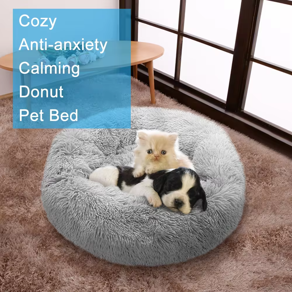 Cute Calming Round Donut Pet Bed Fluffy Plush Small Dog Cat Cushion Bed For Small Puppy Anti Anxiety Cat Pads Lit Pour Chien