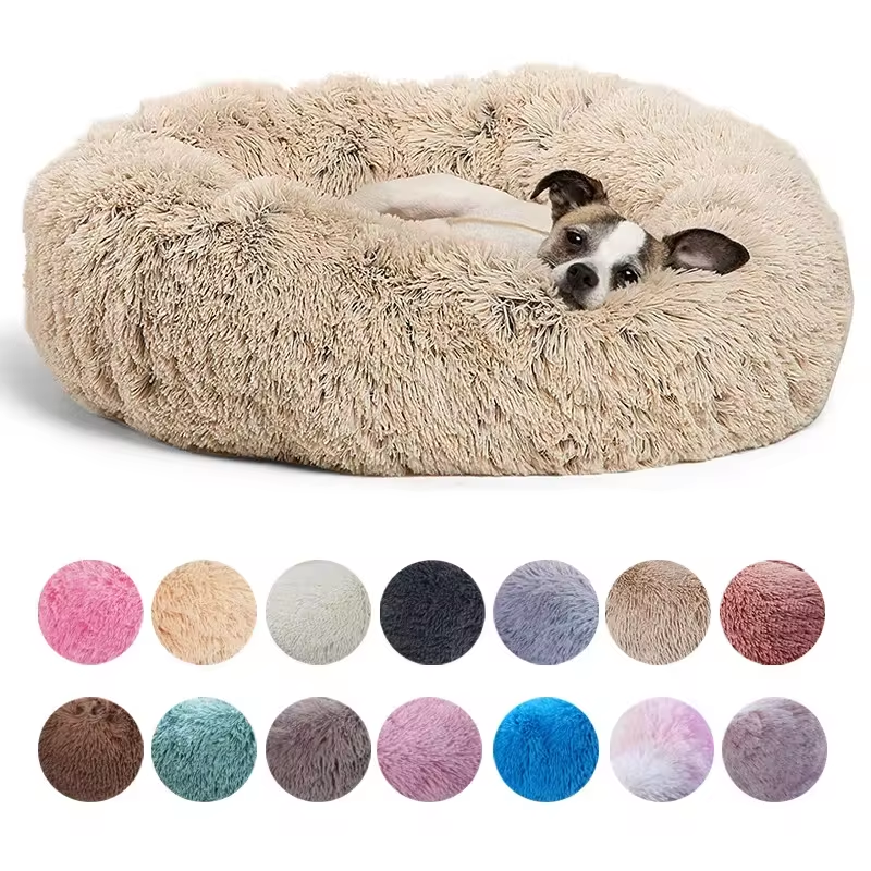 Cute Calming Round Donut Pet Bed Fluffy Plush Small Dog Cat Cushion Bed For Small Puppy Anti Anxiety Cat Pads Lit Pour Chien