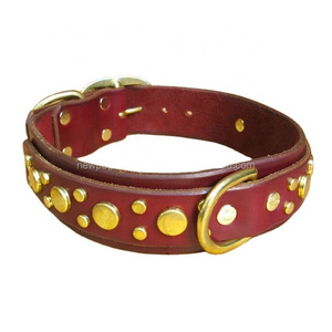 Dog collar handmade premium full grain leather pet collars designed with gold plated studs d ring  for dogs