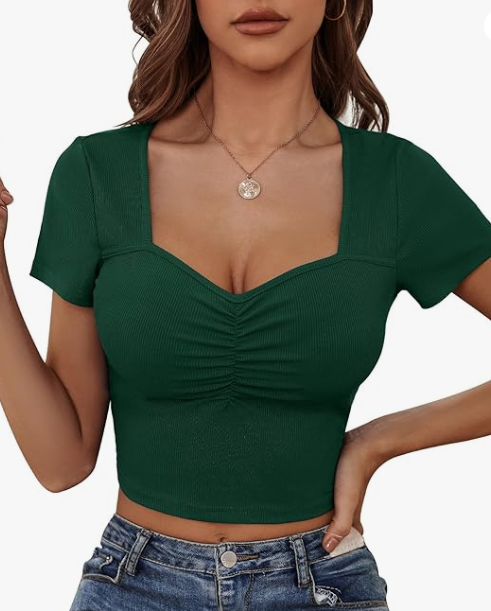 Womens Sweetheart Neck Short Sleeve Crop Top Slim Fit Low Cut Tops Cleavage Sexy Ruched Ribbed Summer T Shirts