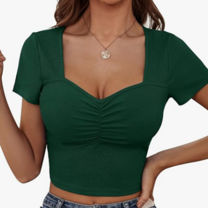 Womens Sweetheart Neck Short Sleeve Crop Top Slim Fit Low Cut Tops Cleavage Sexy Ruched Ribbed Summer T Shirts