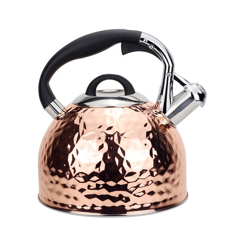 New Customize 2.5L copper plated stainless steel whistling water kettle tea pot with pressed hammer pattern