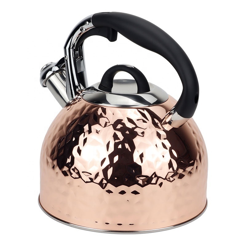 New Customize 2.5L copper plated stainless steel whistling water kettle tea pot with pressed hammer pattern