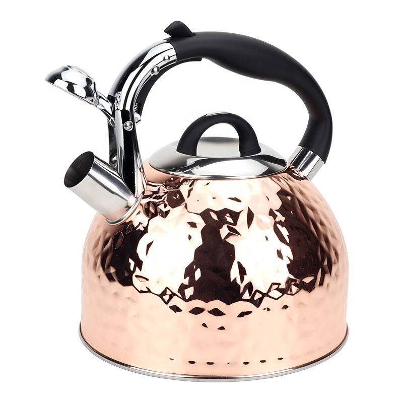 New Customize 2.5L copper plated stainless steel whistling water kettle tea pot with pressed hammer pattern