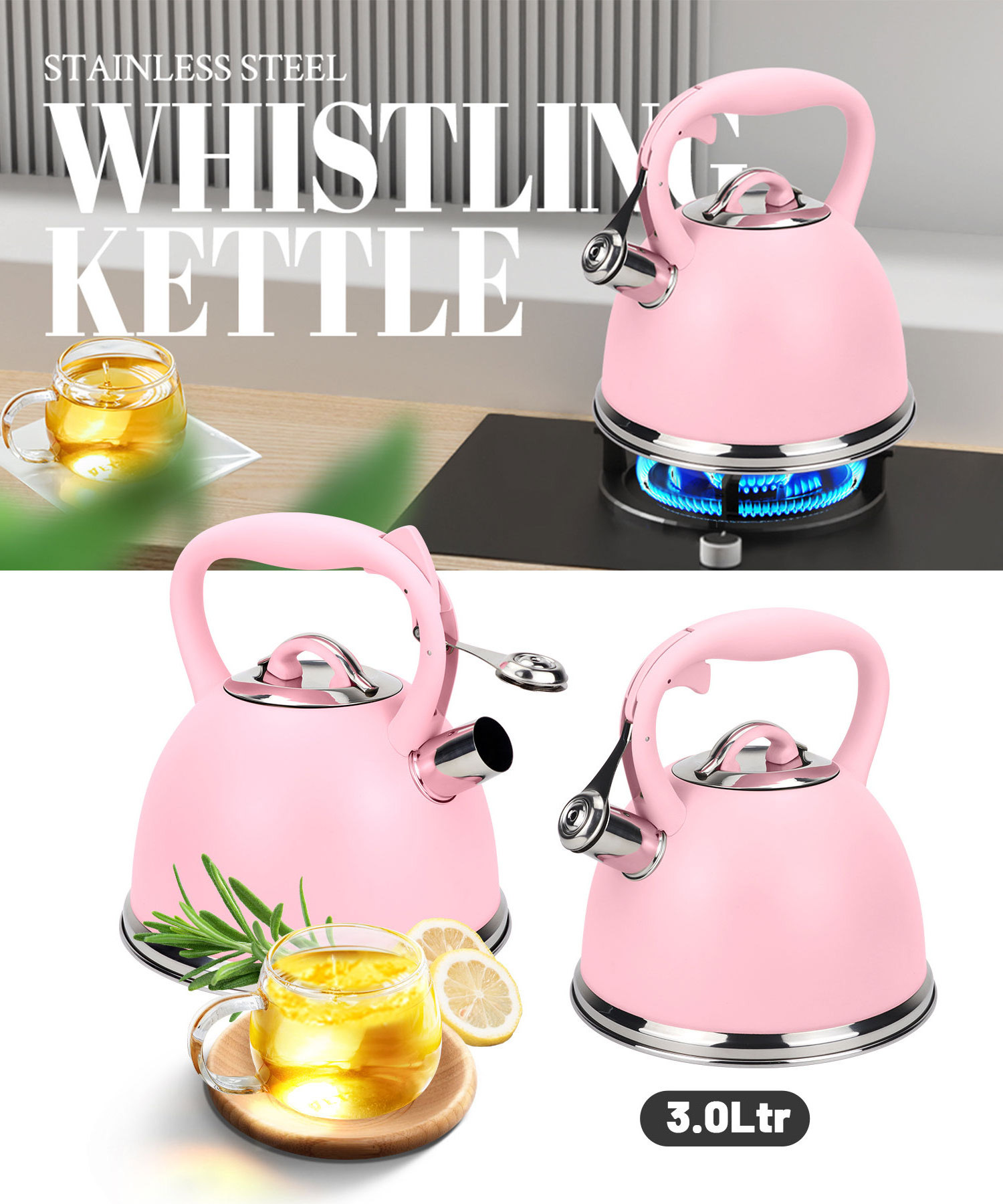 Wholesale kitchenware pink coating tea pot stove top kettle stainless steel whistling kettle for home