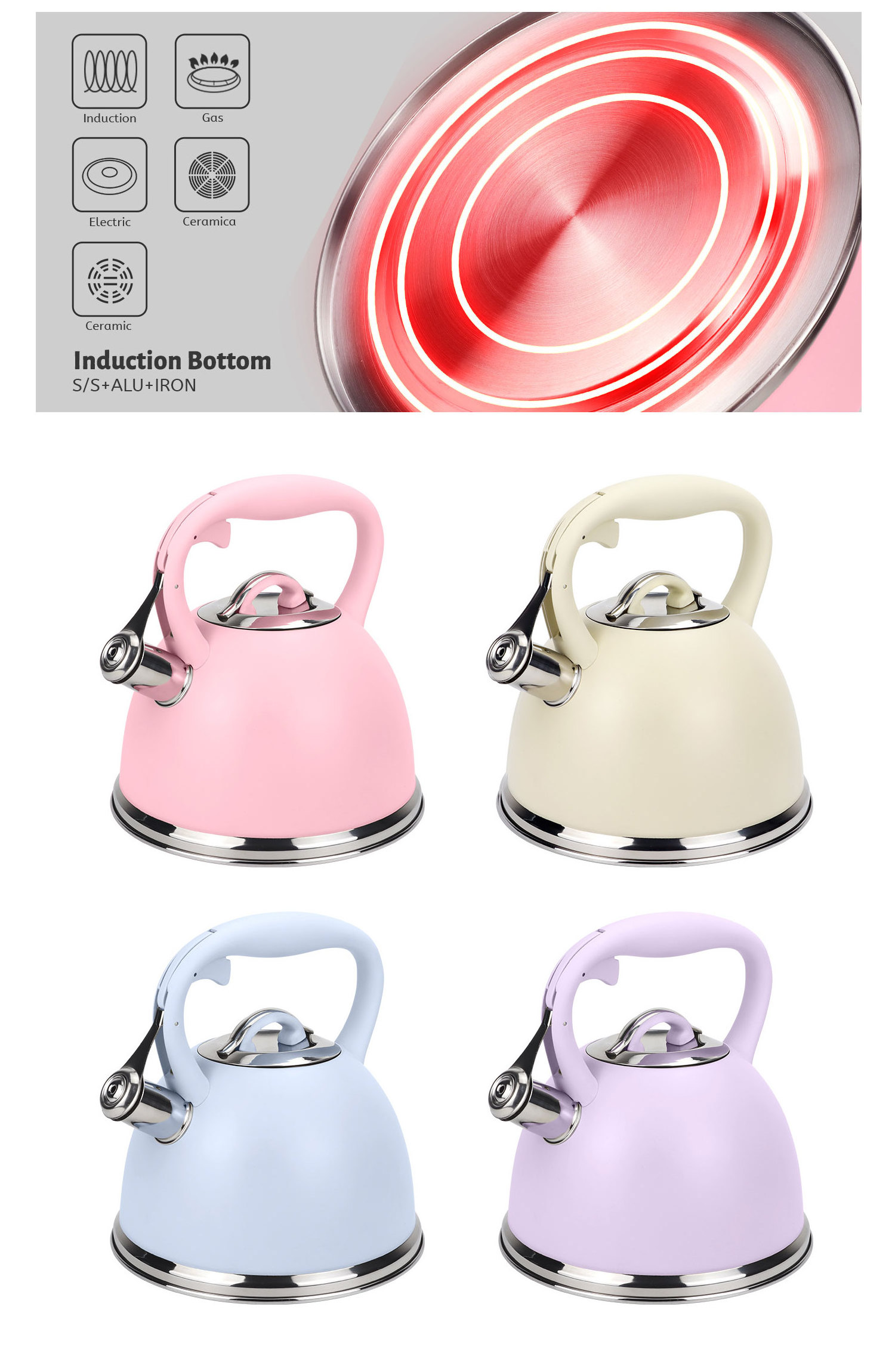 Wholesale kitchenware pink coating tea pot stove top kettle stainless steel whistling kettle for home