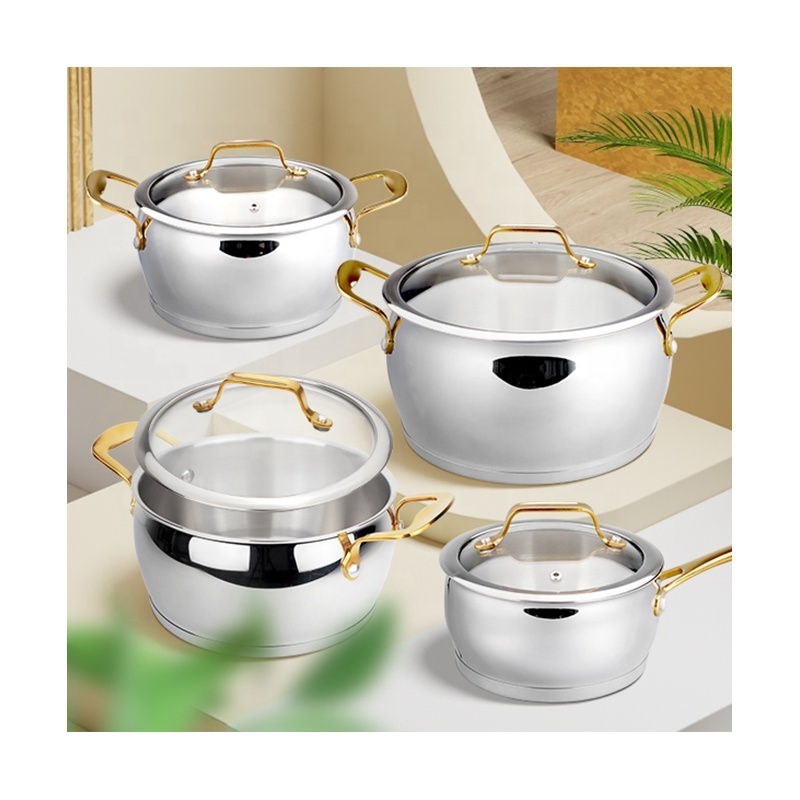 8Pcs Wholesale Luxury Kitchen Belly Shape Stainless Steel Cooking Ware Pots And Pans Cookware Set