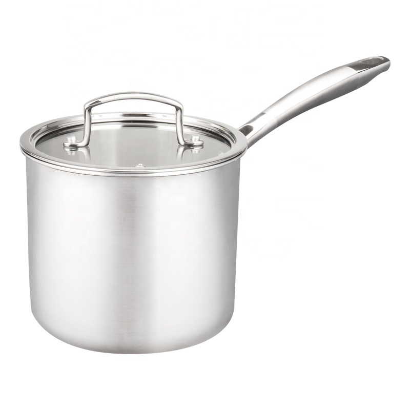 Wholesale Food Grade Metal Kitchen Induction Cookware Triply Stainless Steel Saucepan Milk Pot With Glass Lid