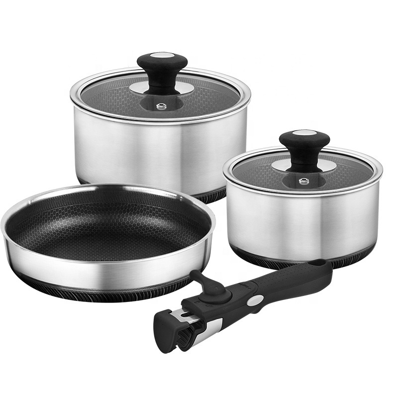 Wholesale customization kitchen 6pcs cooking pots stainless steel non stick cookware set with detached handle